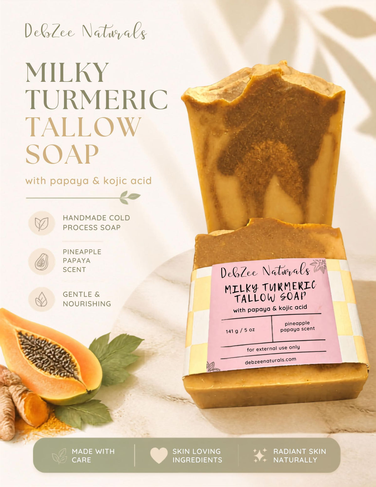 Milky Turmeric Tallow soap with Papaya & Kojic Acid